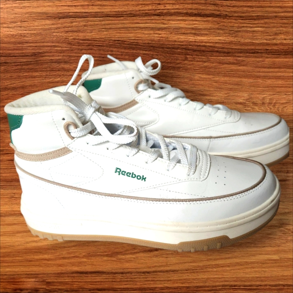 Reebok Womens Tech T Geo Classic White and Green High-Top Sneakers-Size 10